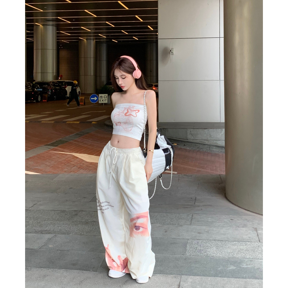 【JMWOMEN】Bộ Áo Ống In Họa Tiết Phong Cách Mỹ + Quần Yếm Ngắn Ôm Dáng Thời Trang Cho Nữ