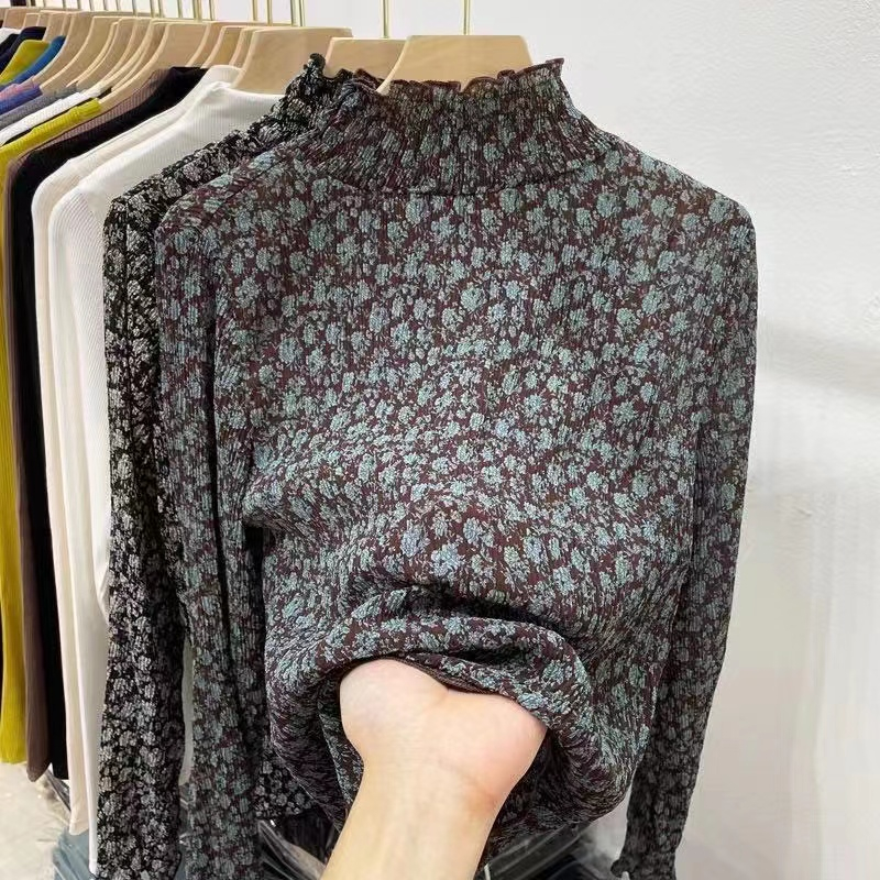 Áo Sơ Mi Voan Hoa Tay Dài Cổ Cao Phong Cách Hàn Quốc Cho Nữ baju baju wanita Lenan panjang