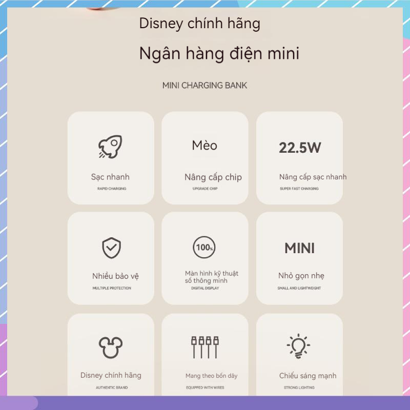 Sạc Dự Phòng Disney joint 10000mAH Dung Lượng Lớn - Đi Kèm Với 4 Dây Sạc Nhanh Cho Samsung / Xiaomi / oppo / vivo