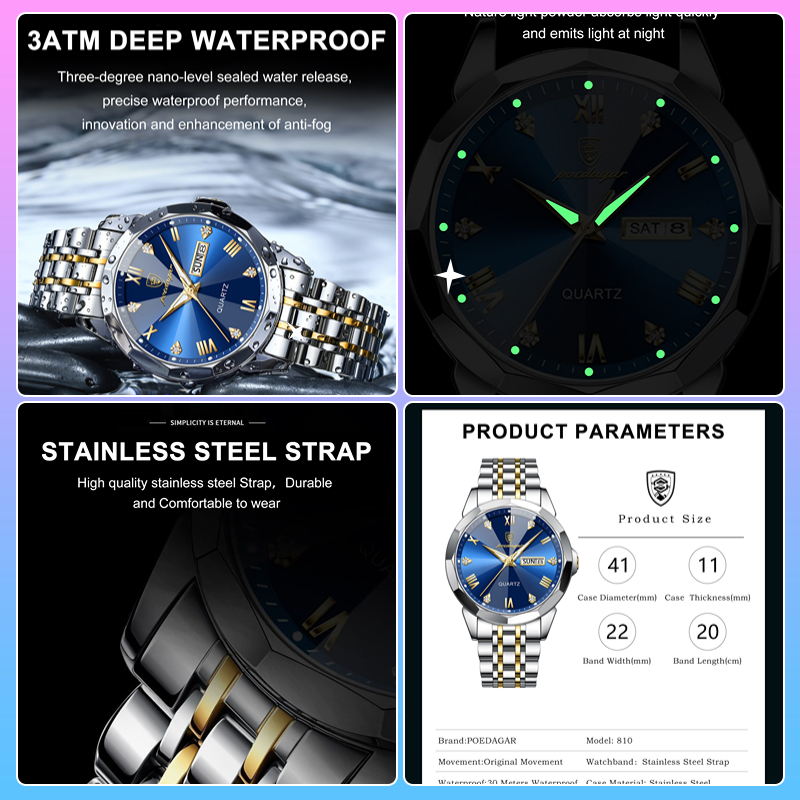 POEDAGAR Đồng hồ nam chính hãng Dây đeo bằng thép không gỉ Lịch có chức năng phát sáng Chống thấm nước 810