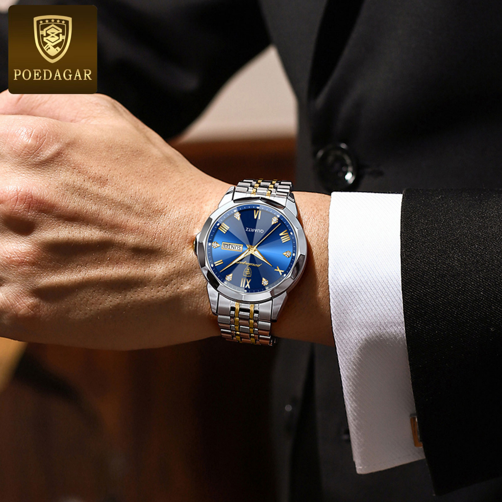POEDAGAR Đồng hồ nam chính hãng Dây đeo bằng thép không gỉ Lịch có chức năng phát sáng Chống thấm nước 810
