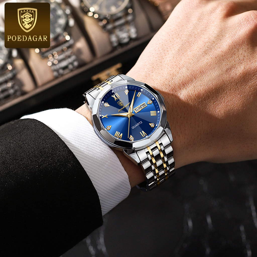 POEDAGAR Đồng hồ nam chính hãng Dây đeo bằng thép không gỉ Lịch có chức năng phát sáng Chống thấm nước 810