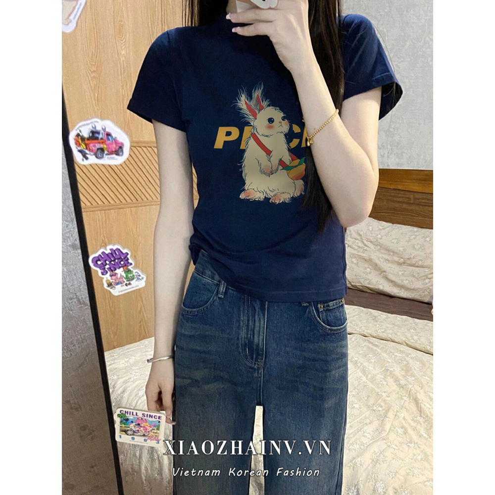 Áo thun XIAOZHAINV cotton tay ngắn ôm dáng in họa tiết thỏ phong cách Hàn Quốc thời trang mùa hè cho nữ