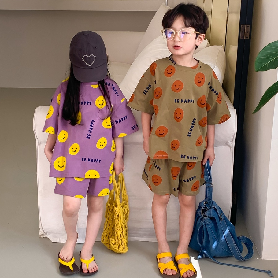 Bộ Áo Thun Tay Ngắn Dáng Rộng In Hình Mặt Cười + Quần Thời Trang Cho Bé