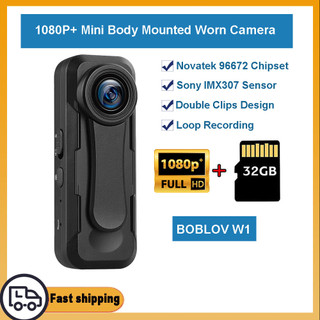 Boblov W1 1080P Camera thân nhỏ Máy quay Video bỏ túi cá nhân có vòng âm thanh Tem thời gian ghi âm Bộ nhớ ngoài lên đến 128G (không bao gồm) Hai kẹp và dễ vận hành