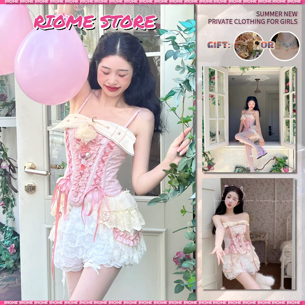 Bộ Áo Hoa tutu Màu Hồng + Quần Short Cột Dây Cổ Điển Thời Trang Mùa Hè Cho Nữ