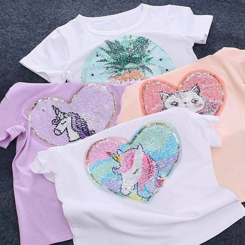 Áo Thun 100% Cotton In Hình Kỳ Lân Dễ Thương Phong Cách Hàn Quốc Cho Bé Gái 3-8 Tuổi