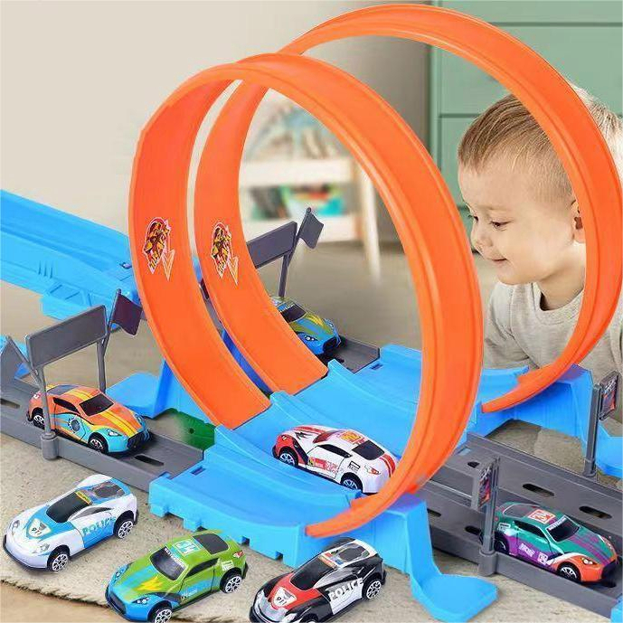 Bộ đường đua hotwheels mô hình đường đua gồm 2 vòng xoắn và 4 xe ô tô đồ chơi trẻ em