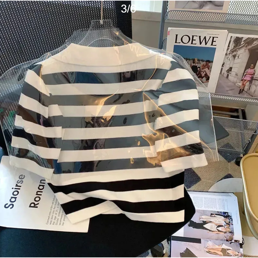 Jiashucheng Áo Thun polo Ngắn Tay Vải Lụa Lạnh Kẻ Sọc Đen Thời Trang Mùa Hè 2023 Cho Nữ