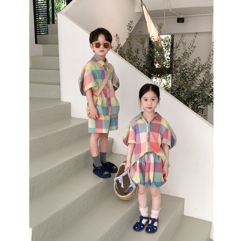 Set Áo Sơ Mi Kẻ Sọc Caro Nhiều Màu Sắc Bộ đồ trẻ em bộ bé gái bộ vest bé trai