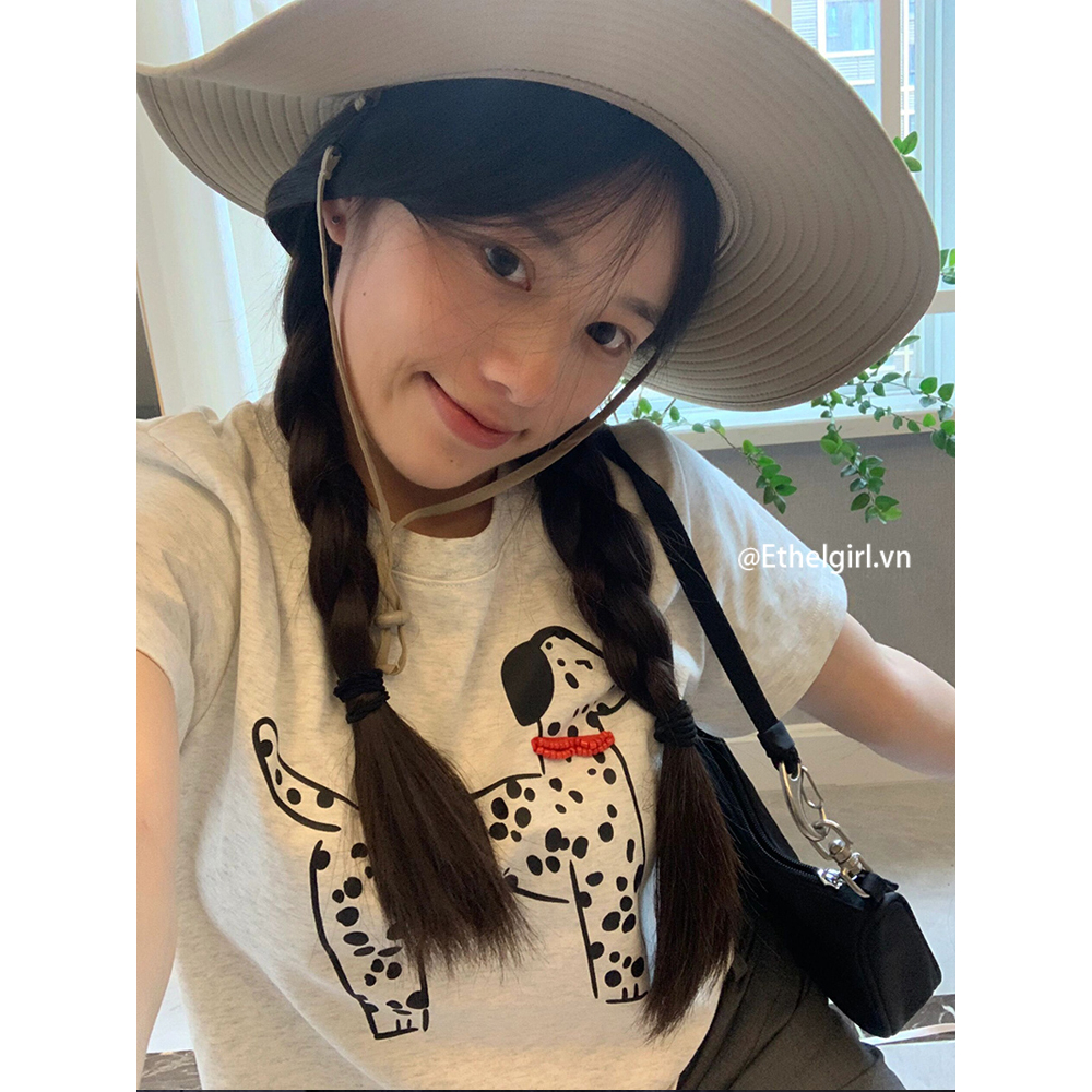Ethelgirl Áo Thun Tay Ngắn Dáng Rộng In Họa Tiết Hoạt Hình Chú Chó Dễ Thương Phong Cách Hàn Quốc Thời Trang Cho