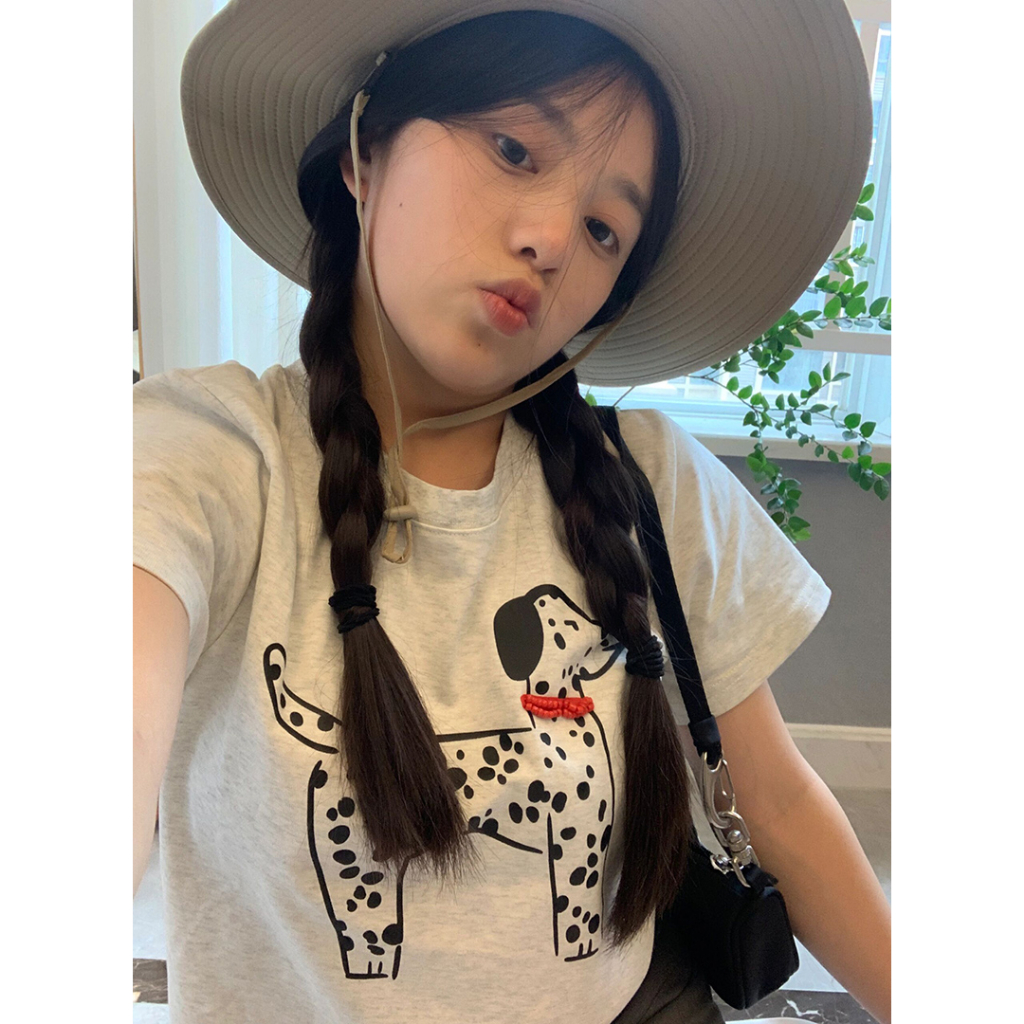 Ethelgirl Áo Thun Tay Ngắn Dáng Rộng In Họa Tiết Hoạt Hình Chú Chó Dễ Thương Phong Cách Hàn Quốc Thời Trang Cho