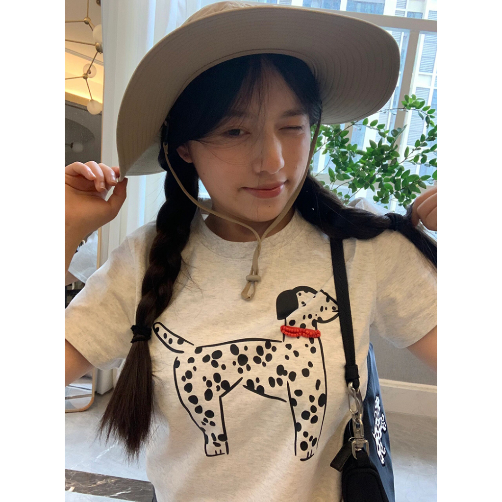 Ethelgirl Áo Thun Tay Ngắn Dáng Rộng In Họa Tiết Hoạt Hình Chú Chó Dễ Thương Phong Cách Hàn Quốc Thời Trang Cho