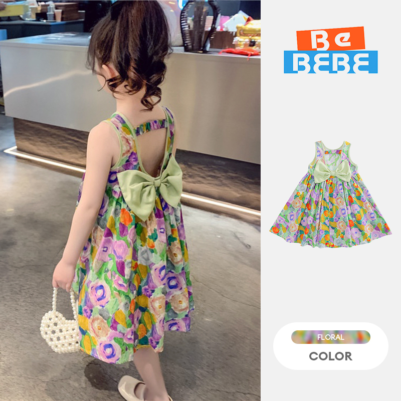 Đầm Công Chúa Hai Dây Đính Nơ Họa Tiết Hoa Xinh Xắn Cho Bé Gái