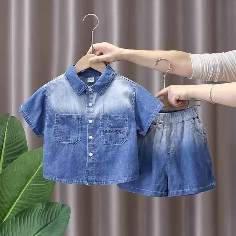 Bộ Áo Cotton Ngắn Tay + Quần Denim Thoáng Khí Thoải Mái Cho Bé Trai 2023 3-14 Tuổi