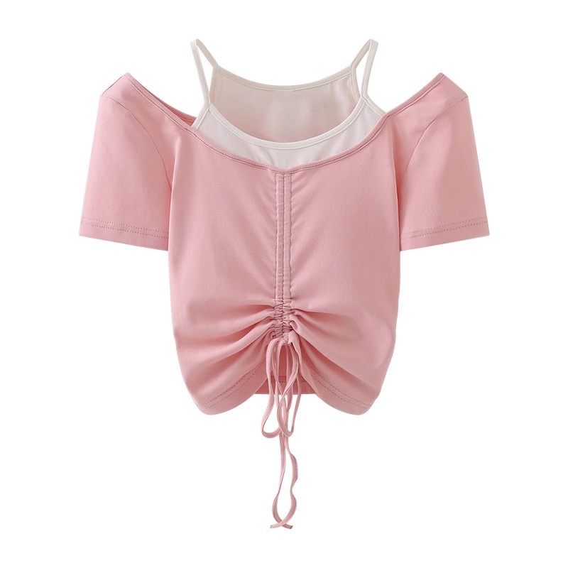 Áo Thun Tay Ngắn Giả Hai Mảnh Phối Dây Rút Thời Trang Mùa Hè Cho Nữ