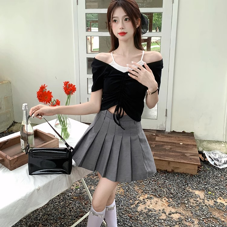 Áo Thun Tay Ngắn Giả Hai Mảnh Phối Dây Rút Thời Trang Mùa Hè Cho Nữ