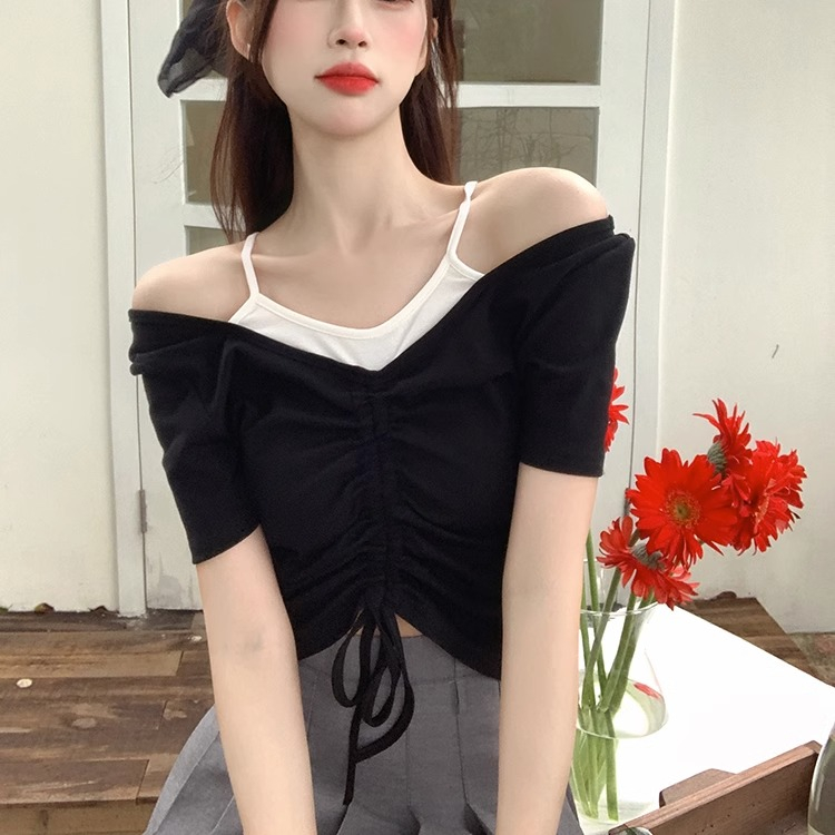 Áo Thun Tay Ngắn Giả Hai Mảnh Phối Dây Rút Thời Trang Mùa Hè Cho Nữ