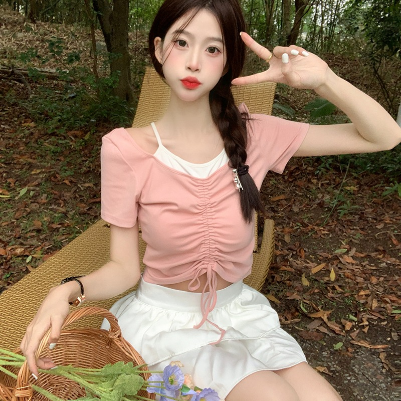 Áo Thun Tay Ngắn Giả Hai Mảnh Phối Dây Rút Thời Trang Mùa Hè Cho Nữ