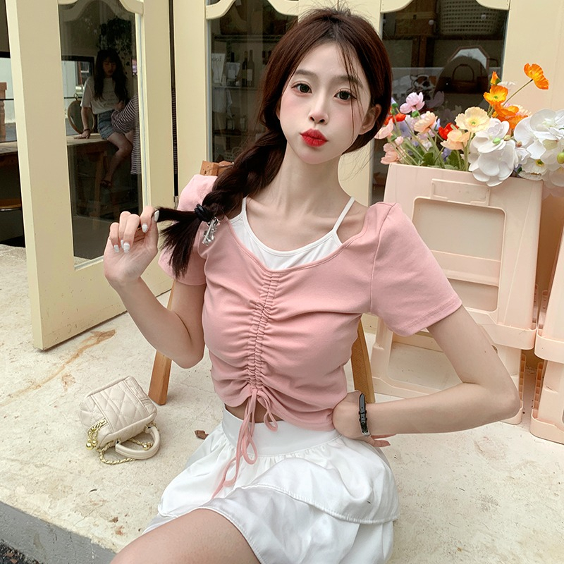 Áo Thun Tay Ngắn Giả Hai Mảnh Phối Dây Rút Thời Trang Mùa Hè Cho Nữ