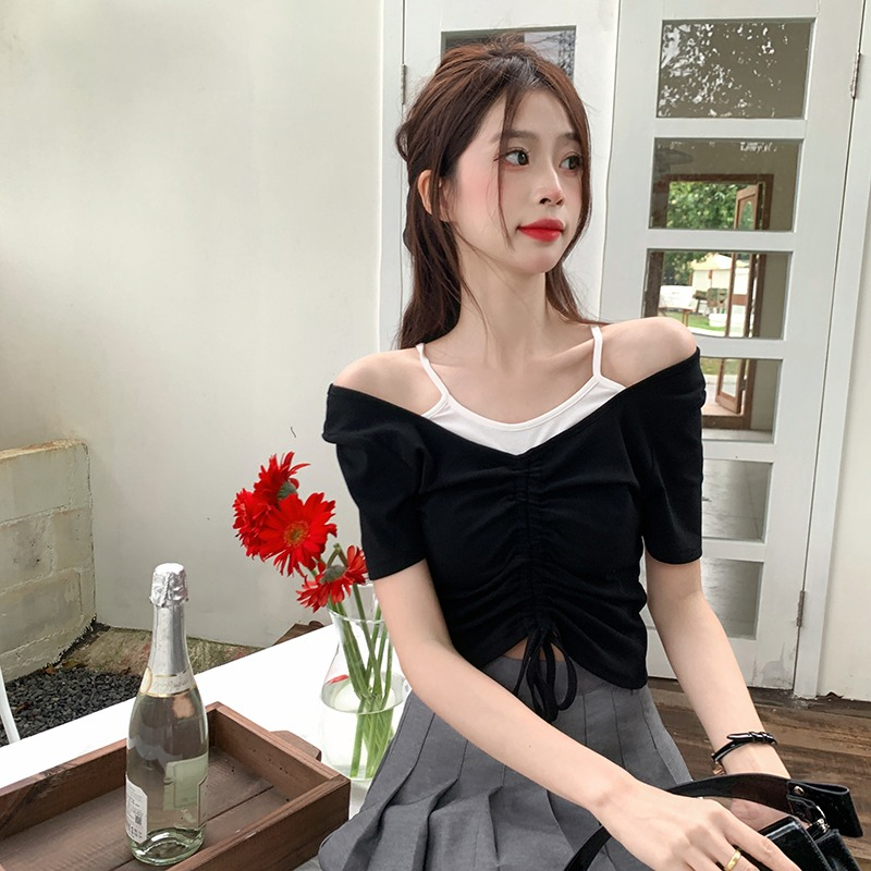 Áo Thun Tay Ngắn Giả Hai Mảnh Phối Dây Rút Thời Trang Mùa Hè Cho Nữ