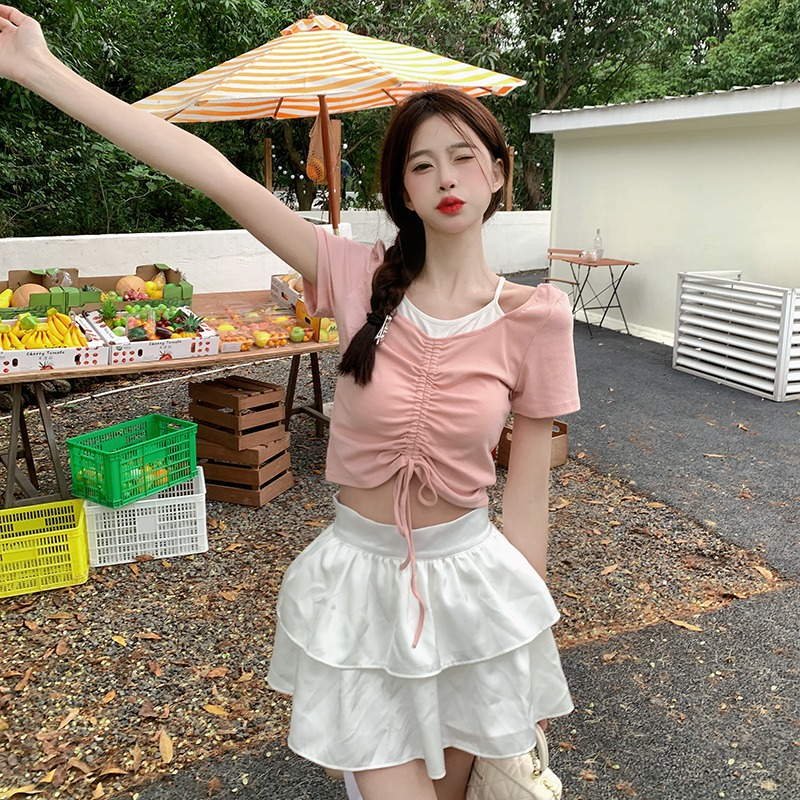 Áo Thun Tay Ngắn Giả Hai Mảnh Phối Dây Rút Thời Trang Mùa Hè Cho Nữ