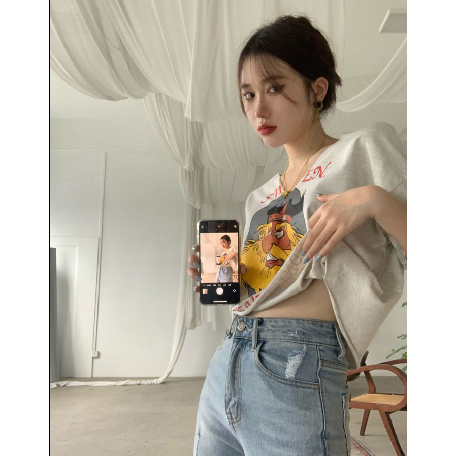 Jiashucheng Áo Thun Ngắn Tay Cổ Chữ V Form Rộng Phong Cách Retro Mỹ