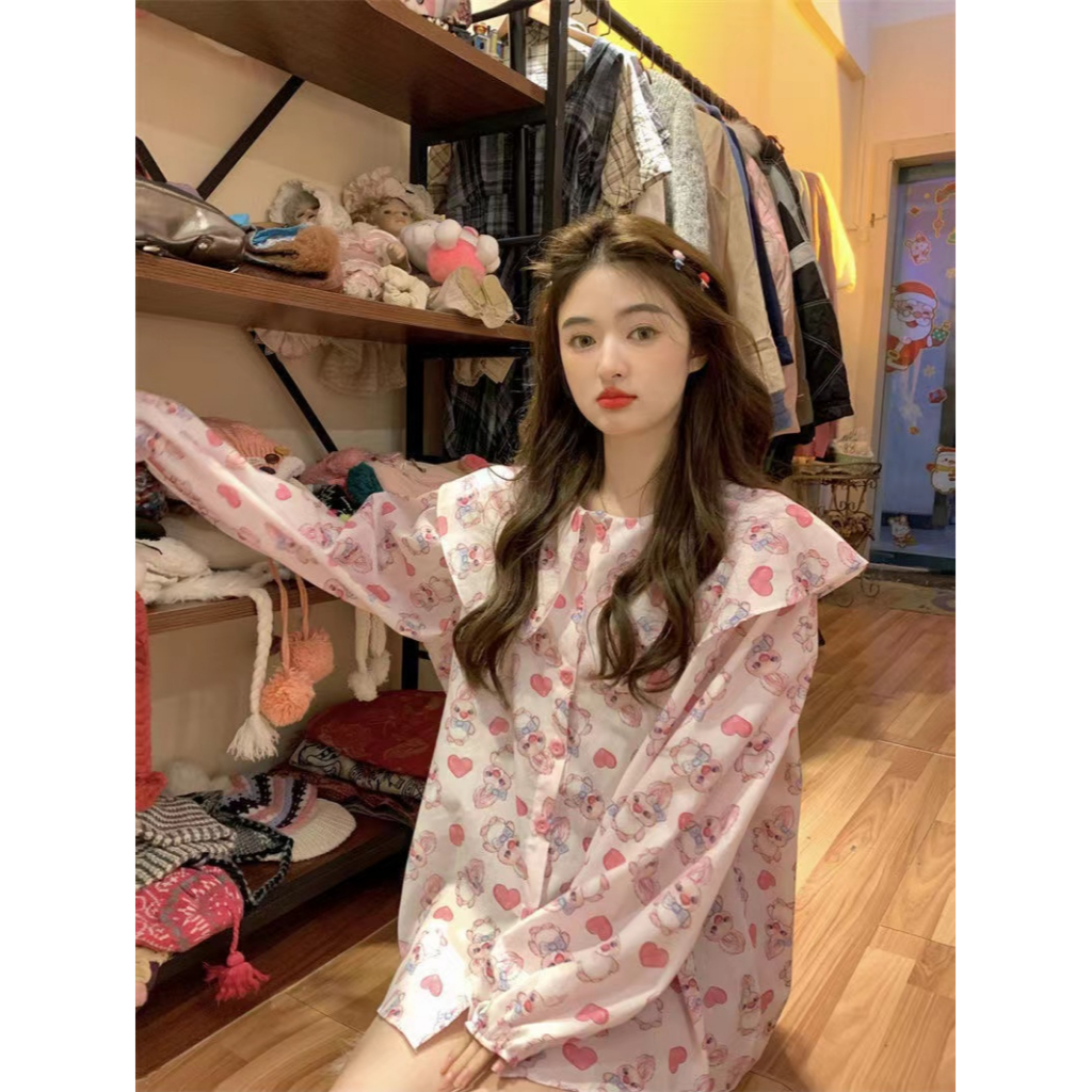 Áo Sơ Mi Tay Dài Dáng Rộng In Họa Tiết Thời Trang retro Hàn Quốc Cho Nữ