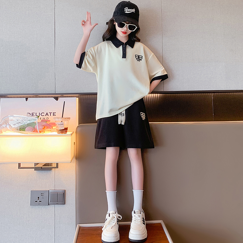 Bộ Áo Thun Polo Tay Ngắn Kèm Quần Ngắn Phong Cách Preppy Thời Trang Mùa Hè Cho Bé Gái 3-14 Tuổi