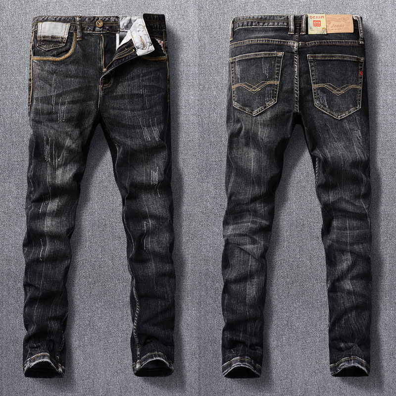Italian Fashion Men Jeans Vintage Black Grey Slim Fit Scratched Embroidery Craft Men Brand Jeans