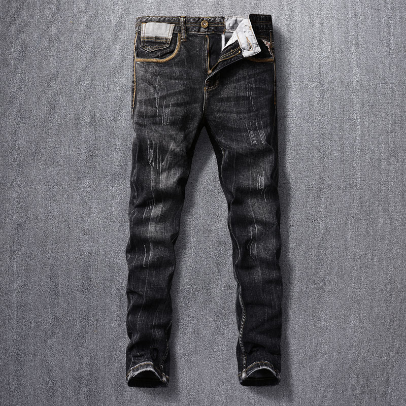 Italian Fashion Men Jeans Vintage Black Grey Slim Fit Scratched Embroidery Craft Men Brand Jeans