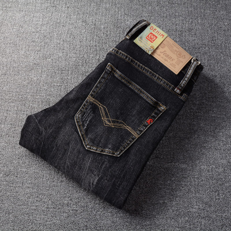 Italian Fashion Men Jeans Vintage Black Grey Slim Fit Scratched Embroidery Craft Men Brand Jeans