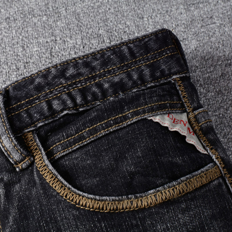 Italian Fashion Men Jeans Vintage Black Grey Slim Fit Scratched Embroidery Craft Men Brand Jeans