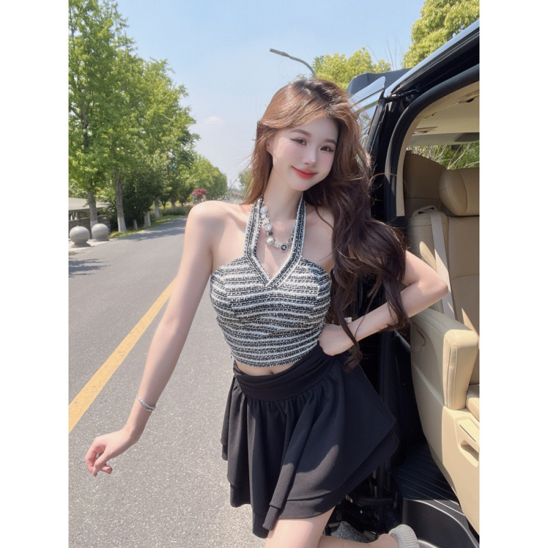 Nzn Áo crop top Cổ Chữ V Ôm Dáng Họa Tiết Kẻ Sọc Thời Trang Mùa Hè Cho Nữ