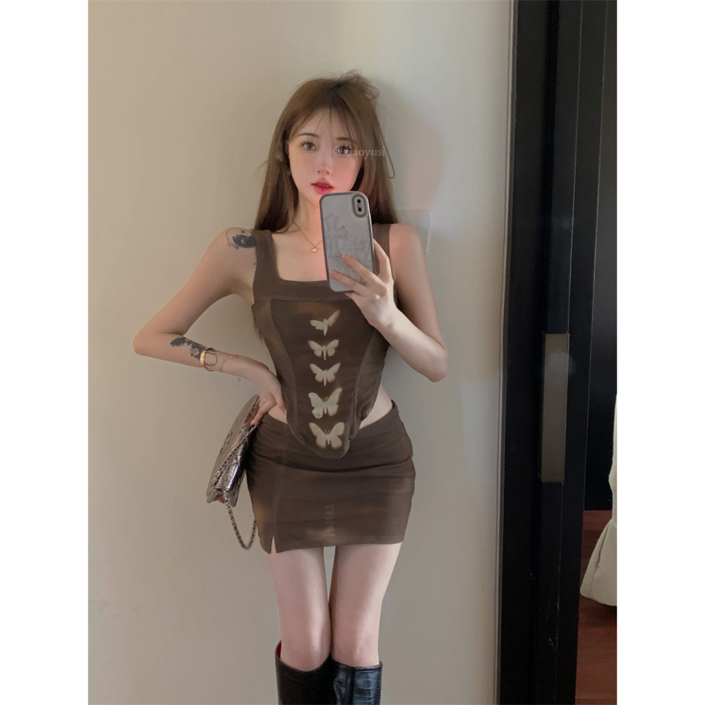 QADCOL Set Áo hai dây Lưới In Hình Bướm + Chân Váy Lưới In Họa Tiết Phong Cách Âu Mỹ Quyến Rũ Dành Cho Nữ