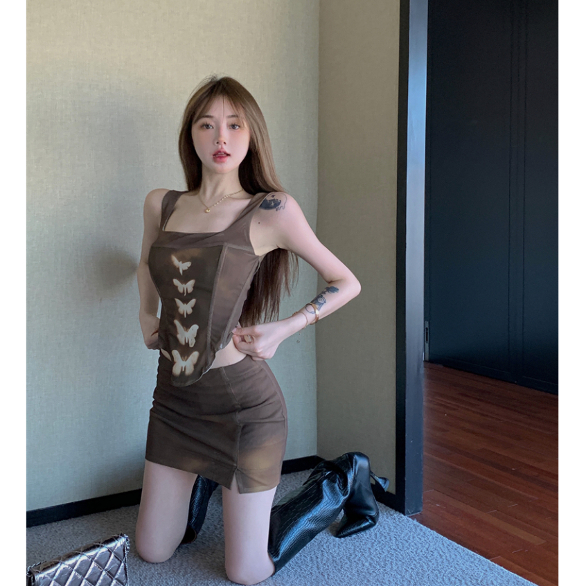 QADCOL Set Áo hai dây Lưới In Hình Bướm + Chân Váy Lưới In Họa Tiết Phong Cách Âu Mỹ Quyến Rũ Dành Cho Nữ