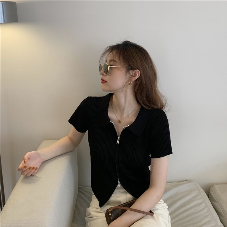 Áo Cardigan Dệt Kim Tay Ngắn Hai Đầu Có Khóa Kéo Phong Cách Mới Cho Nữ