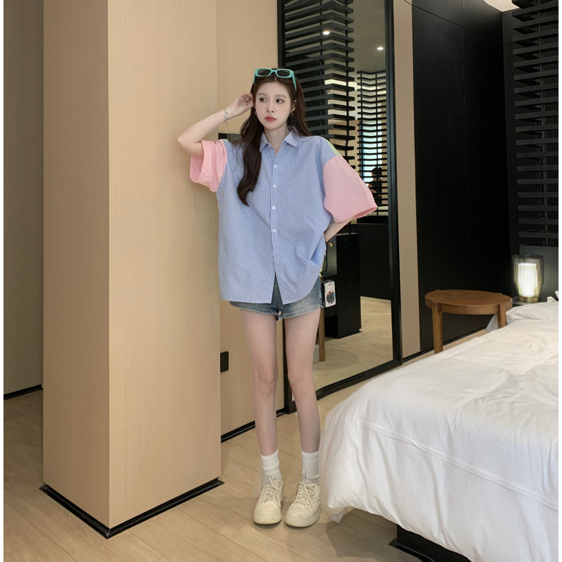 QOEDDV Áo Sơ Mi Polo Ngắn Tay Phối Sọc Tương Phản Màu Sắc Tương Phản Thời Trang Mùa Hè Dành Cho Nữ
