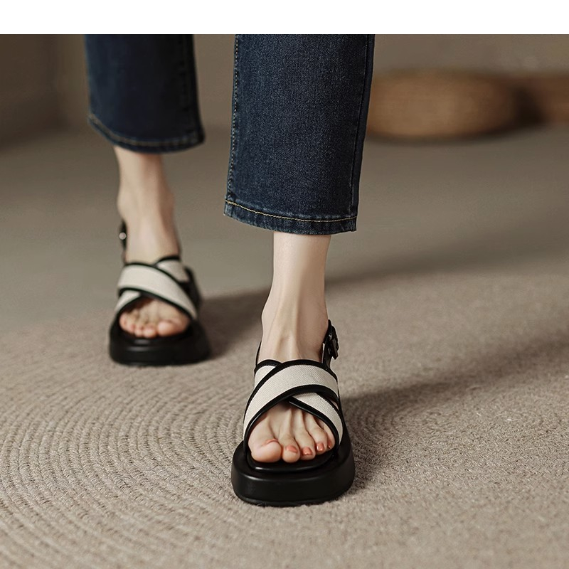 Giày Sandal Đế Dày Quai Chéo Màu Sắc Retro Mùa Hè 2023