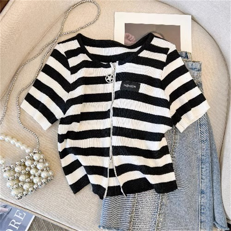 Áo cardigan Dệt Kim Khóa Kéo Đôi Họa Tiết Nhãn Dán Độc Đáo Thời Trang Mùa Hè Mới Cho Nữ