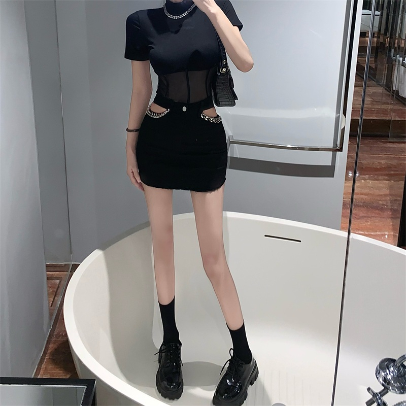 ZHELIHANGFEI Áo Thun Nữ Ngắn Tay Cổ Tròn Có Khóa Kéo Một Mảnh Thời Trang Hàn