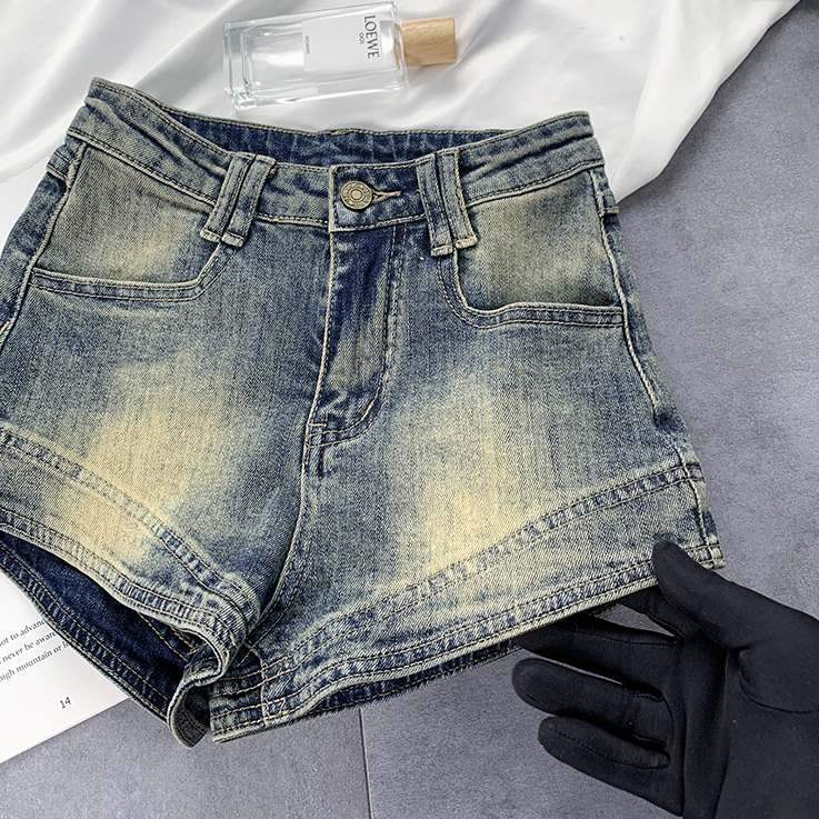 ZHELIHANGFEI Quần short vải denim lưng cao retro thời trang phong cách Hàn Quốc 2023