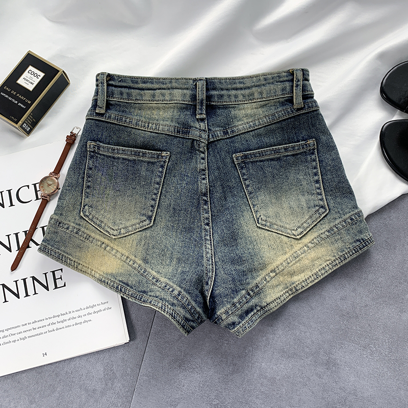 ZHELIHANGFEI Quần short vải denim lưng cao retro thời trang phong cách Hàn Quốc 2023