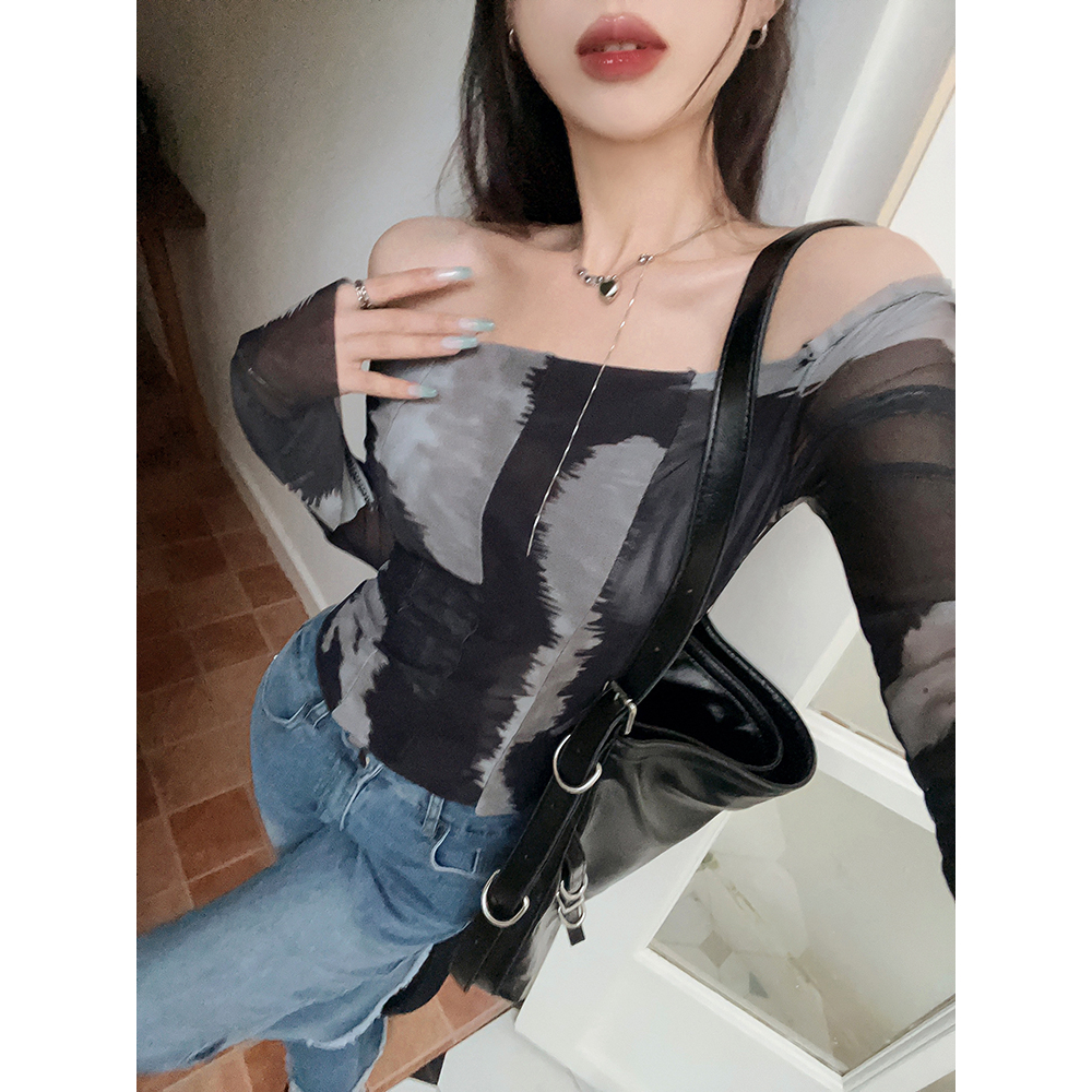 Lalisas Áo Thun Dệt Kim Tay Dài Ôm Dáng Hở Vai niche Cao Cấp Quyến Rũ Cho Nữ