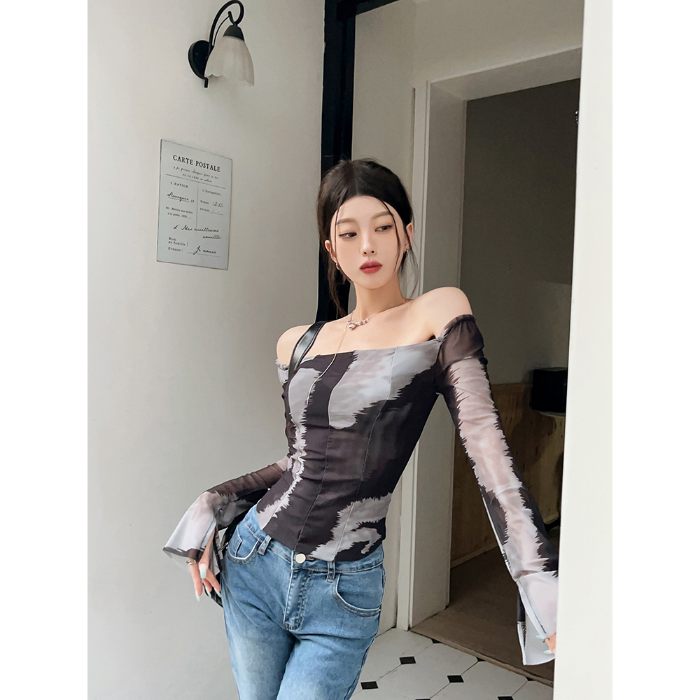 Lalisas Áo Thun Dệt Kim Tay Dài Ôm Dáng Hở Vai niche Cao Cấp Quyến Rũ Cho Nữ