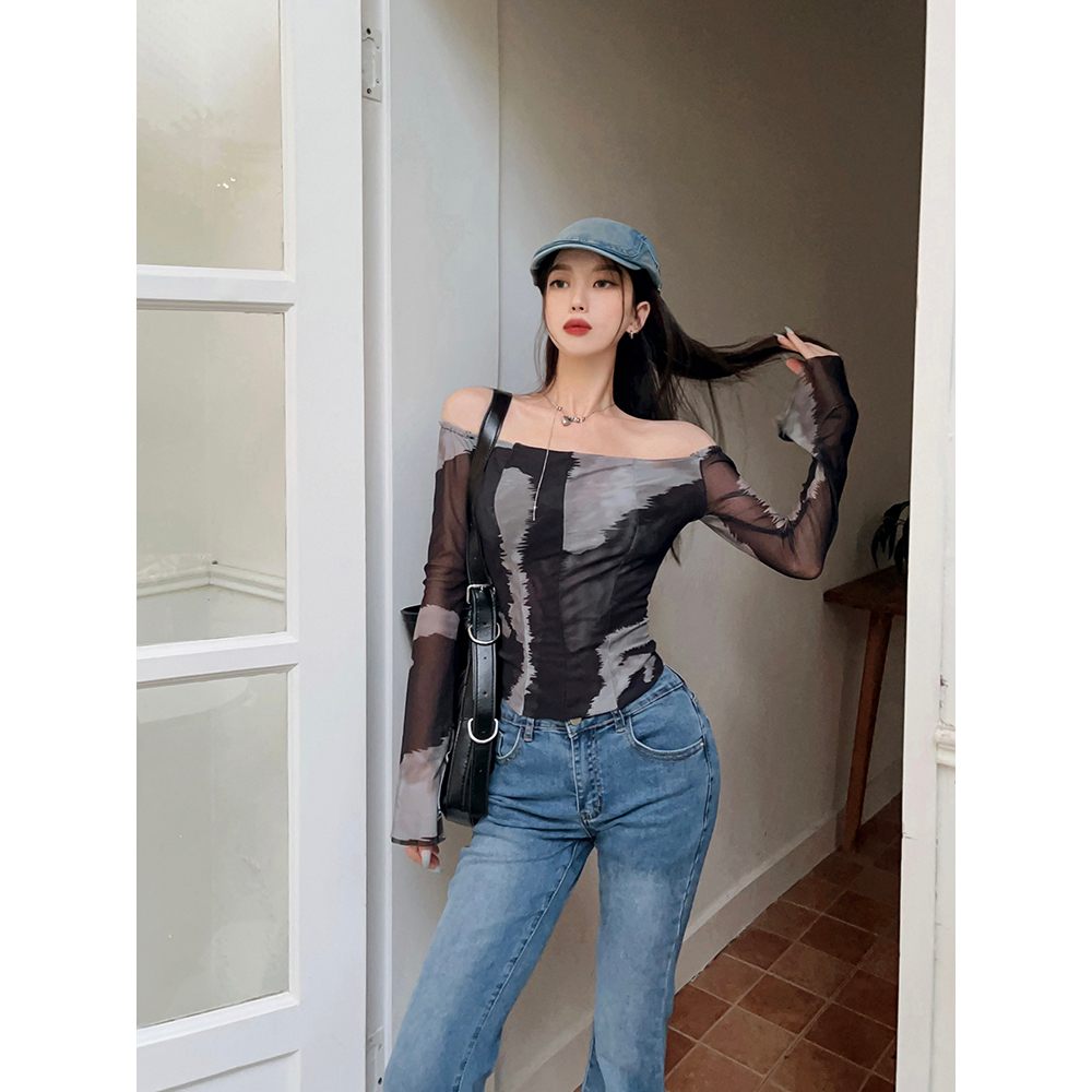 Lalisas Áo Thun Dệt Kim Tay Dài Ôm Dáng Hở Vai niche Cao Cấp Quyến Rũ Cho Nữ