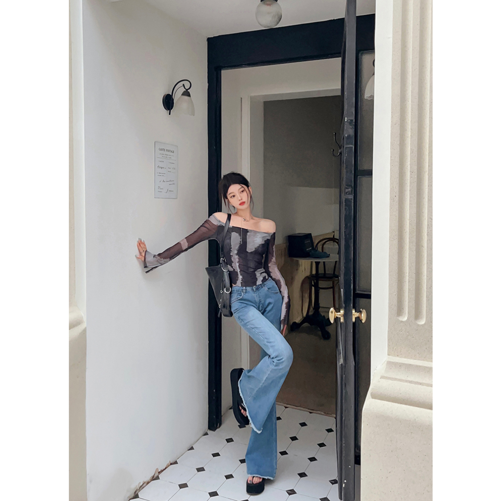 Lalisas Áo Thun Dệt Kim Tay Dài Ôm Dáng Hở Vai niche Cao Cấp Quyến Rũ Cho Nữ