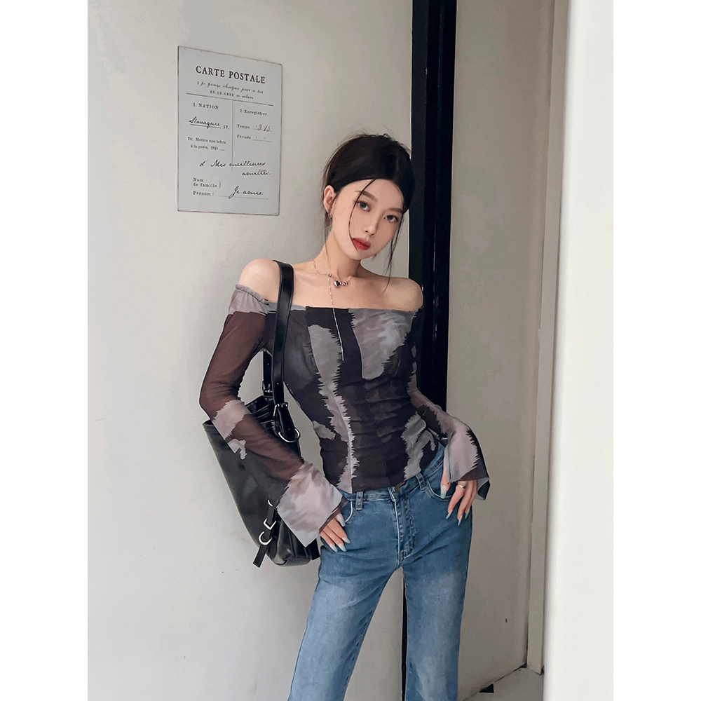 Lalisas Áo Thun Dệt Kim Tay Dài Ôm Dáng Hở Vai niche Cao Cấp Quyến Rũ Cho Nữ