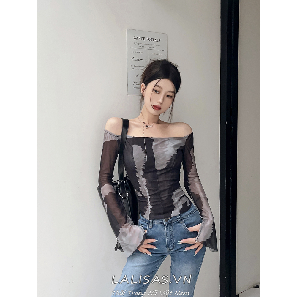 Lalisas Áo Thun Dệt Kim Tay Dài Ôm Dáng Hở Vai niche Cao Cấp Quyến Rũ Cho Nữ