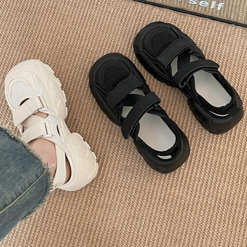 Giày Sandal Thể Thao Đế Dày Tăng Chiều Cao 6CM Phối Lưới Thoáng Khí Màu Trắng / Đen Thời Trang Mùa Hè 2023